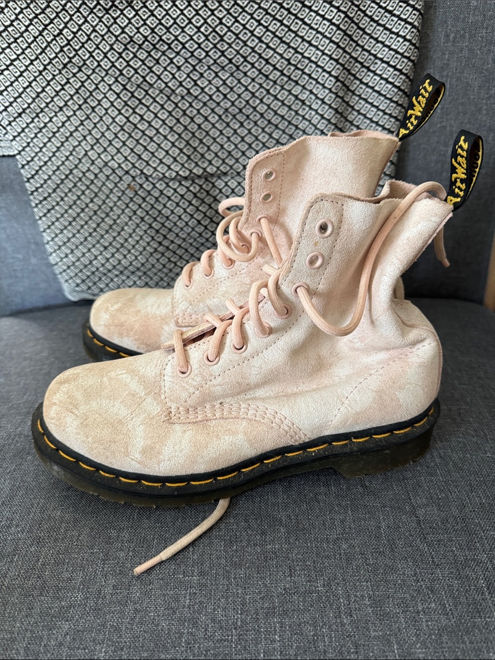 Dr. Martens size 7 Pale Pink Suede Lace-Up Boots with Yellow Stitching